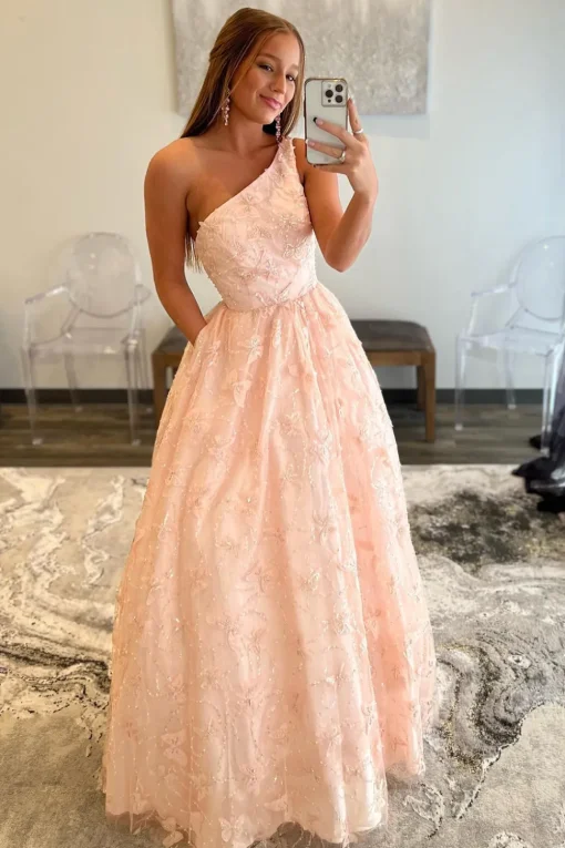 One Shoulder Pink Princess Prom Dress with Beading Butterfly