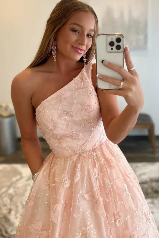 One Shoulder Pink Princess Prom Dress with Beading Butterfly