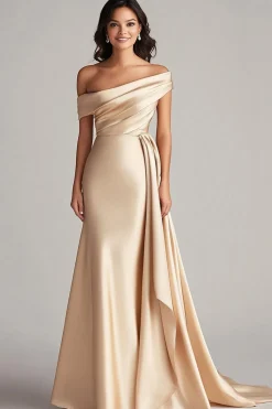 One Shoulder Pleated Champagne Sheath Long Formal Dress