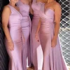 One Shoulder Purple Satin Bridesmaid Dress With Pleated Side Draping