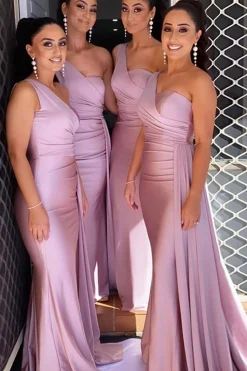 One Shoulder Purple Satin Bridesmaid Dress With Pleated Side Draping