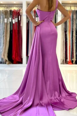 One Shoulder Purple Satin Bridesmaid Dress With Pleated Side Draping