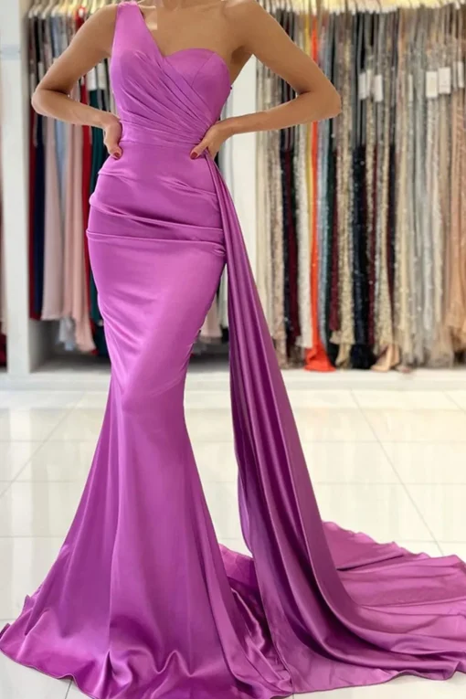 One Shoulder Purple Satin Bridesmaid Dress With Pleated Side Draping