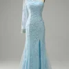 One Shoulder Sky Blue Mermaid Prom Dress With Appliques