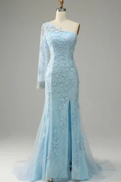 One Shoulder Sky Blue Mermaid Prom Dress With Appliques