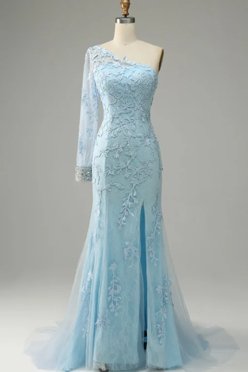 One Shoulder Sky Blue Mermaid Prom Dress With Appliques