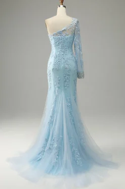 One Shoulder Sky Blue Mermaid Prom Dress With Appliques