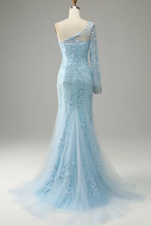 One Shoulder Sky Blue Mermaid Prom Dress With Appliques