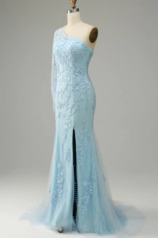 One Shoulder Sky Blue Mermaid Prom Dress With Appliques