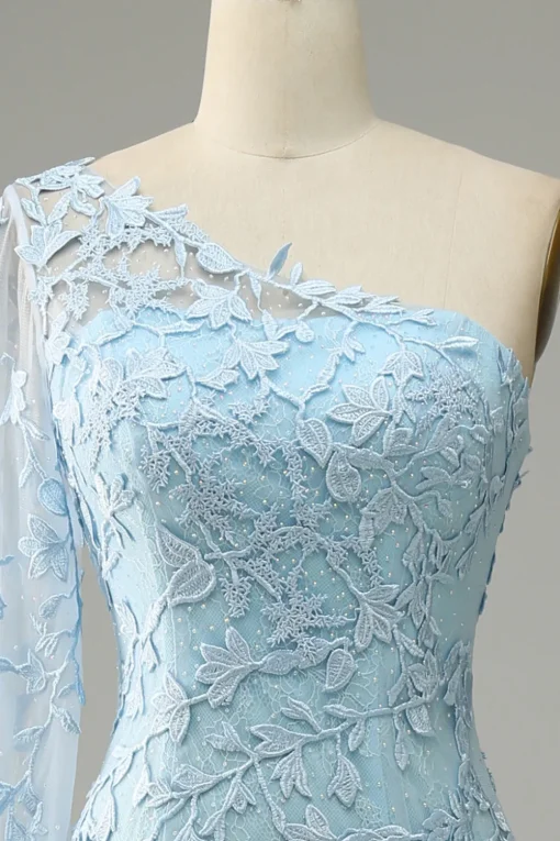 One Shoulder Sky Blue Mermaid Prom Dress With Appliques