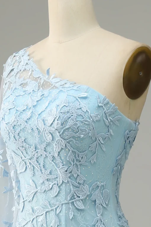 One Shoulder Sky Blue Mermaid Prom Dress With Appliques