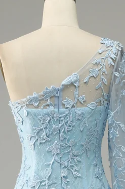 One Shoulder Sky Blue Mermaid Prom Dress With Appliques