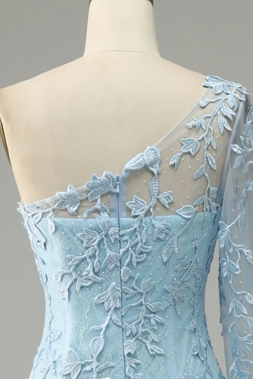 One Shoulder Sky Blue Mermaid Prom Dress With Appliques