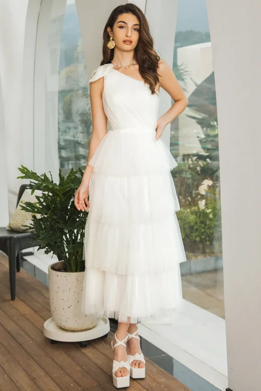 One Shoulder Tiered White Midi Graduation Dress with Bow