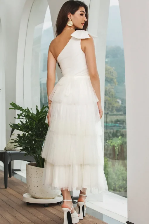 One Shoulder Tiered White Midi Graduation Dress with Bow