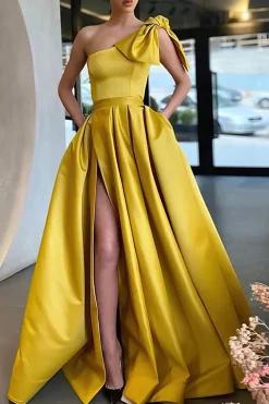 One Shoulder Yellow Satin Princess Prom Dress with Bow