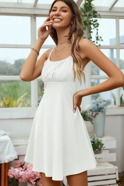Open Back Spaghetti Straps White Graduation Dress