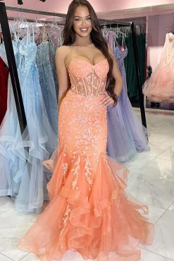 Orange Appliques Mermaid Corset Spaghetti Straps Prom Dress