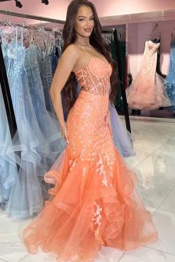 Orange Appliques Mermaid Corset Spaghetti Straps Prom Dress