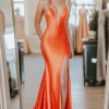 Orange Mermaid Sleeveless Sweetheart Beaded Prom Dress with Slit