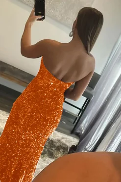 Orange Mermaid Strapless Sequins Long Prom Dress with Slit