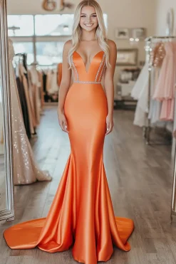 Orange Mermaid Stretch Satin Sweetheart Beaded Prom Dress