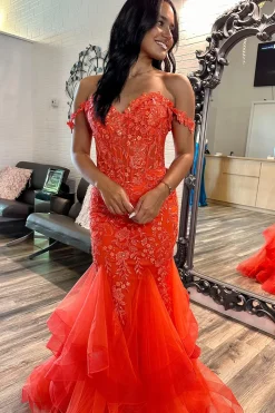 Orange Off the Shoulder Mermaid Long Corset Prom Dress with Appliques