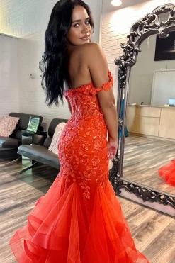 Orange Off the Shoulder Mermaid Long Corset Prom Dress with Appliques