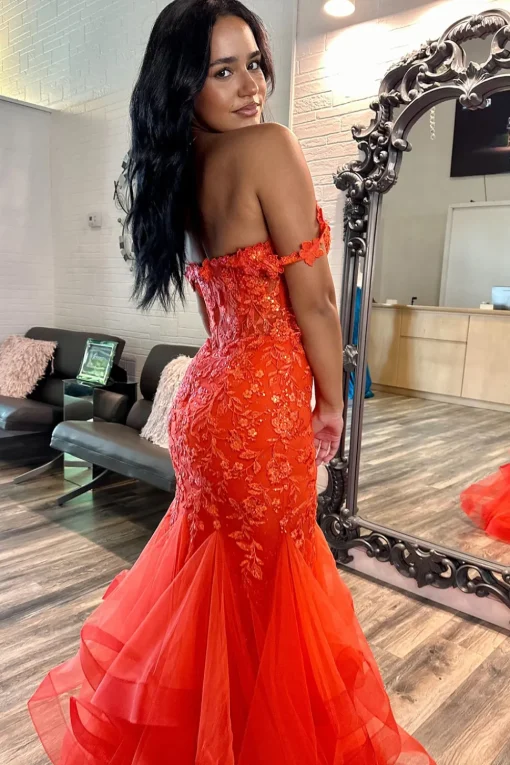Orange Off the Shoulder Mermaid Long Corset Prom Dress with Appliques