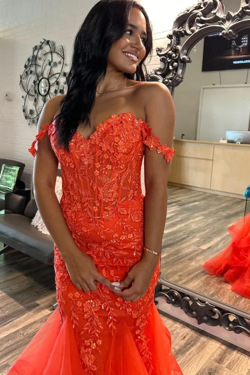 Orange Off the Shoulder Mermaid Long Corset Prom Dress with Appliques