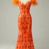 Orange Sequins Off the Shoulder Mermaid Prom Dress with Feathers