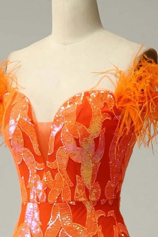 Orange Sequins Off the Shoulder Mermaid Prom Dress with Feathers
