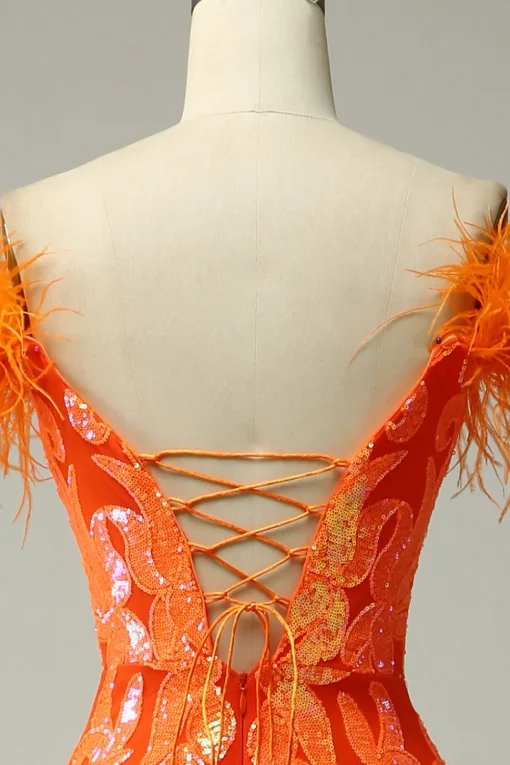 Orange Sequins Off the Shoulder Mermaid Prom Dress with Feathers