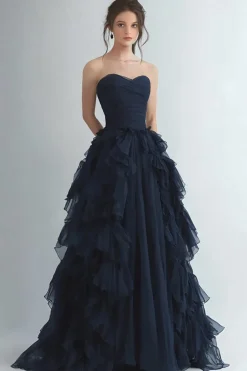Organza Navy Tiered Strapless A Line Formal Dress