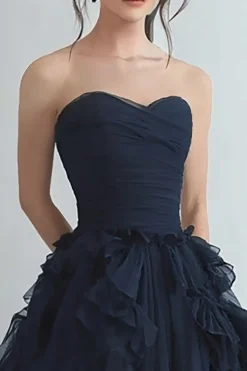 Organza Navy Tiered Strapless A Line Formal Dress