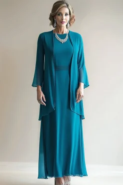 Peacock Blue 2 Piece Round Neck A Line Mother of The Bride Dress