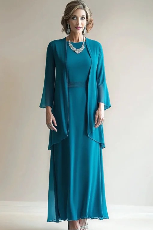 Peacock Blue 2 Piece Round Neck A Line Mother of The Bride Dress