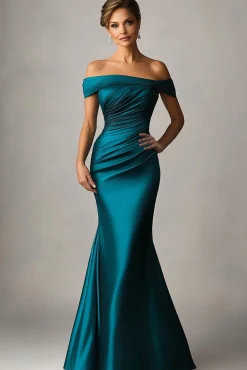 Peacock Blue Mermaid Off The Shoulder Ruched Satin Formal Dress