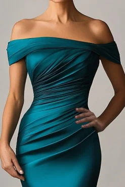 Peacock Blue Mermaid Off The Shoulder Ruched Satin Formal Dress