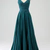 Peacock Green A-Line Spaghetti Straps Long Prom Dress with Slit