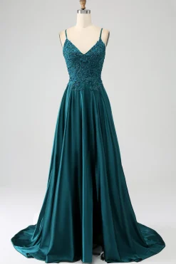 Peacock Green A-Line Spaghetti Straps Long Prom Dress with Slit