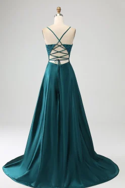 Peacock Green A-Line Spaghetti Straps Long Prom Dress with Slit