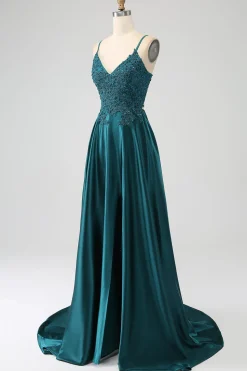 Peacock Green A-Line Spaghetti Straps Long Prom Dress with Slit