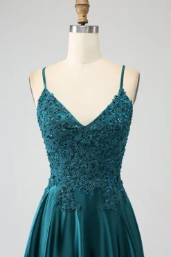 Peacock Green A-Line Spaghetti Straps Long Prom Dress with Slit