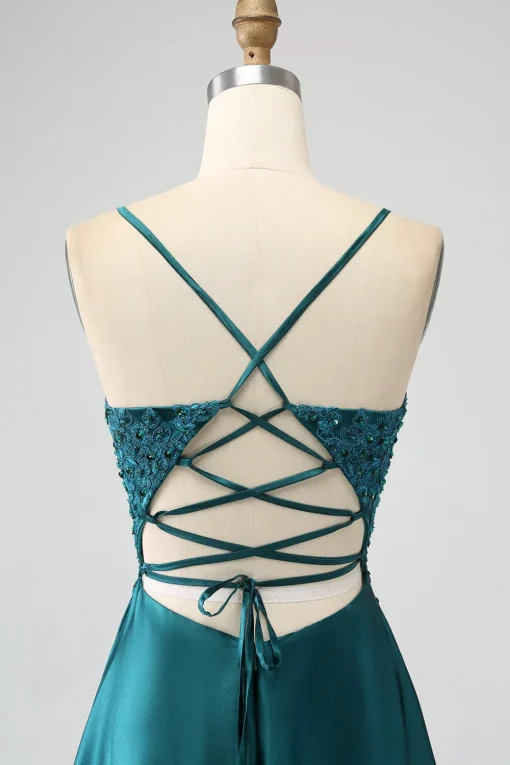 Peacock Green A-Line Spaghetti Straps Long Prom Dress with Slit