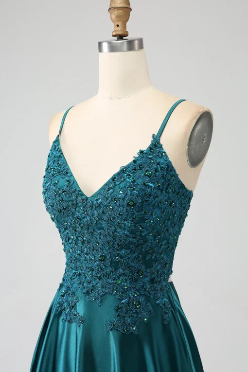 Peacock Green A-Line Spaghetti Straps Long Prom Dress with Slit