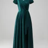 Peacock Satin V-neck A-line Pleated Mother of the Bride Dress