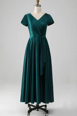 Peacock Satin V-neck A-line Pleated Mother of the Bride Dress