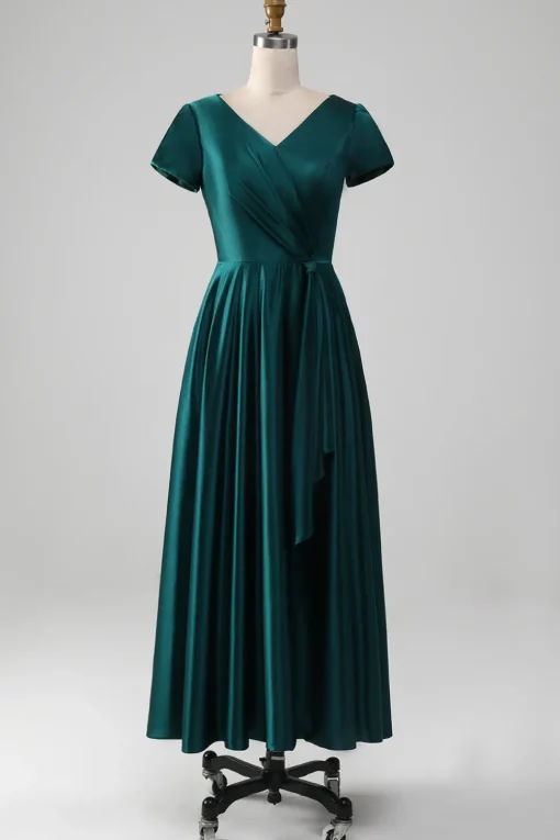 Peacock Satin V-neck A-line Pleated Mother of the Bride Dress