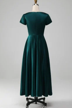Peacock Satin V-neck A-line Pleated Mother of the Bride Dress